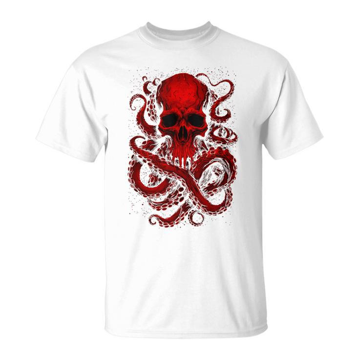 Octopus Skull Monster Red Krakens Cthulhus Cool For Boys T-Shirt
