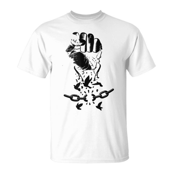 Raised Hand Clenched Fist Broken Chain Birds Black Freedom T-Shirt