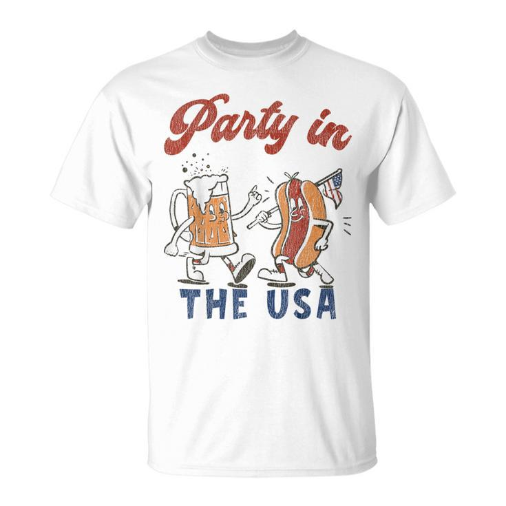 Retro Party In The Usa Beer Hot Dog Lover 4Th Of July T-Shirt