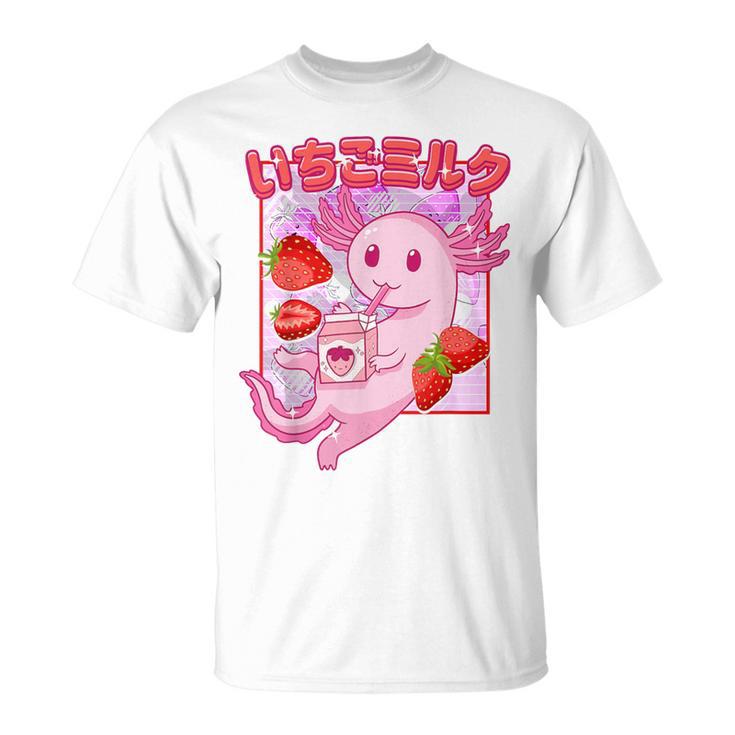 Retro Strawberry Milk Anime Kawaii Axolotl Strawberry Milk Pink T-Shirt