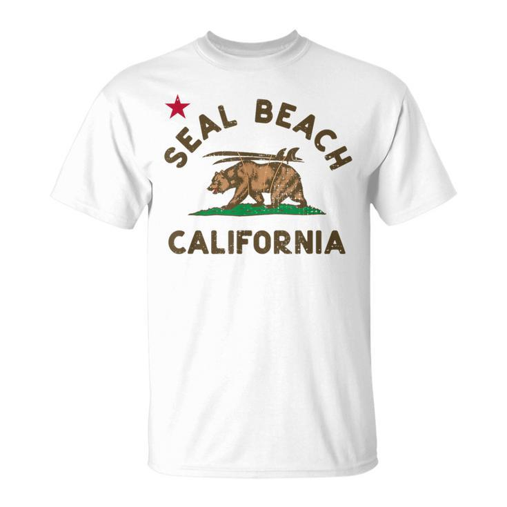 Seal Beach California Beach Flag Bear Surf Ca Vintage T-Shirt