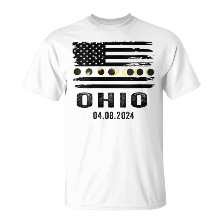 Total Solar Eclipse 2024 Totality Ohio Usa American Flag T-Shirt