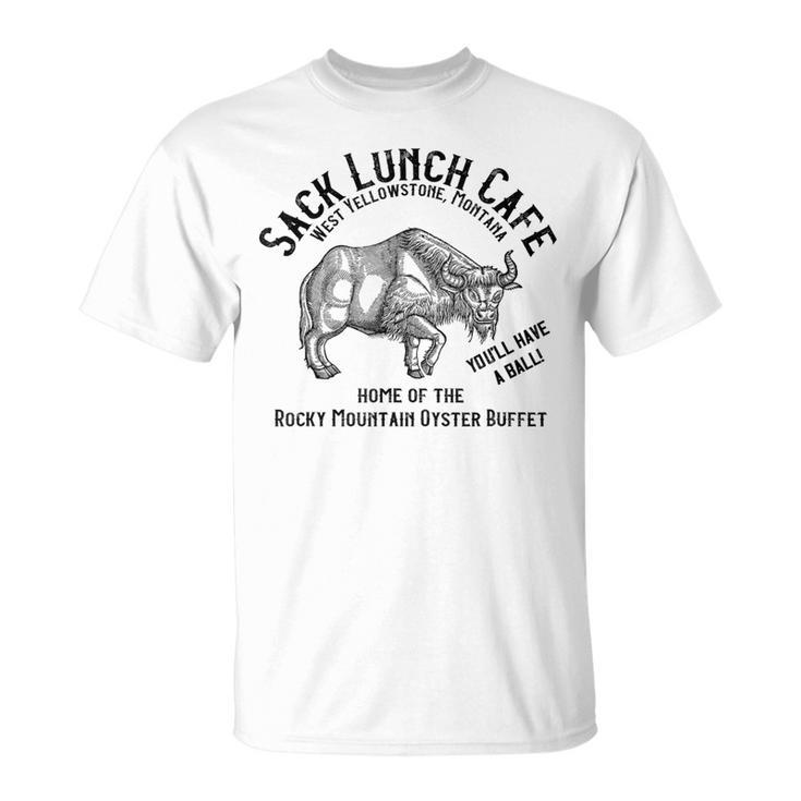 Vintage Rocky Mountain Oyster Sack Lunch Cafe Montana T-Shirt
