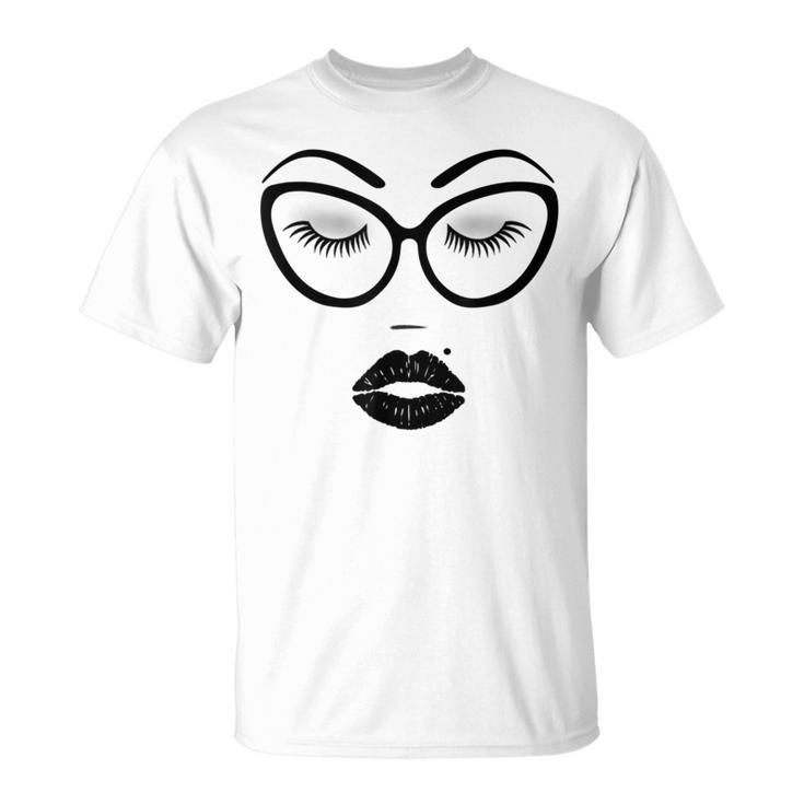 Women's Make-Up Cosmetics Lashes Eyebrows Black Cat Glasses T-Shirt