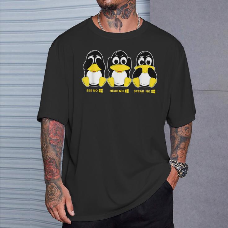 3 Linux Penguins Hörre Sehen Sprechen Kein Win Informatiker T-Shirt Geschenke für Ihn