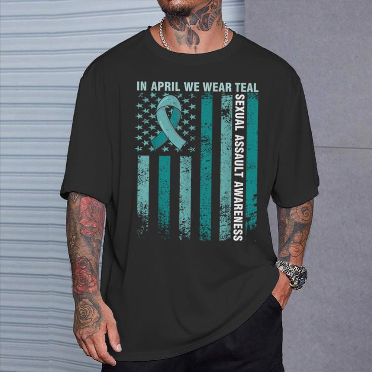 In April We Wear Teal Sexual Assault Awareness American Flag T-Shirt Gifts for Him