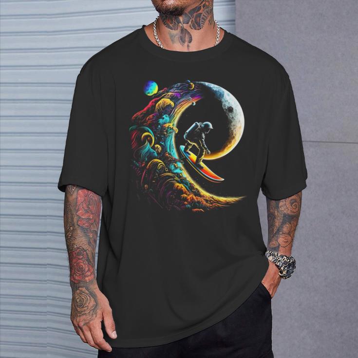 Astronaut Surfing Through Space Universe Galaxy Planets Moon T-Shirt Gifts for Him