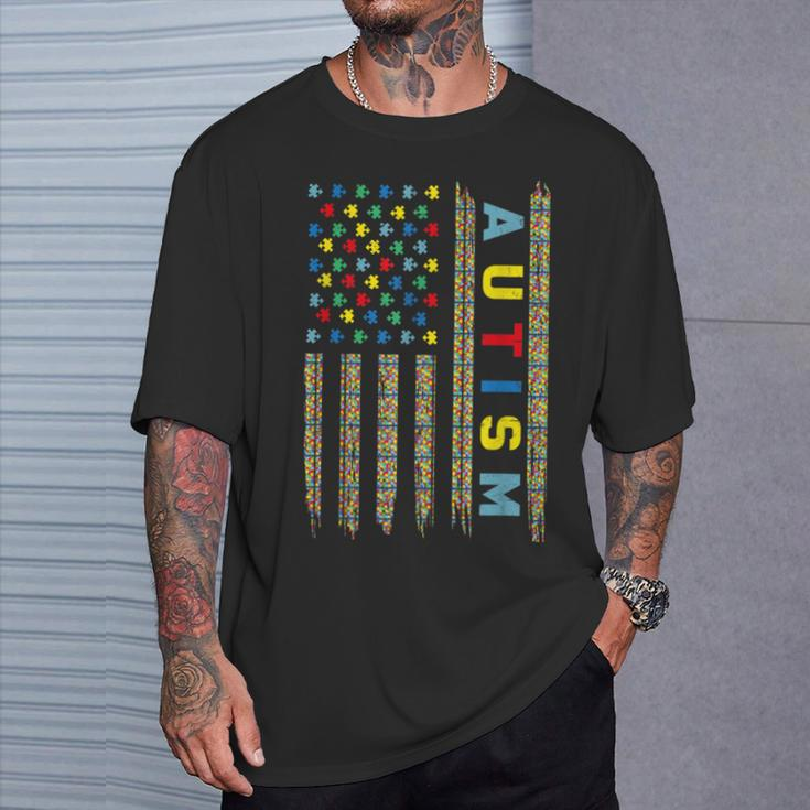 Autism Awareness Flag American Flag Autism Dad Mom T-Shirt Gifts for Him