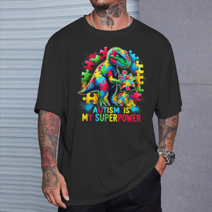 Autism Is My Superpower Autism Kid Colorful Puzzle Dinosaur T-Shirt Gifts for Him