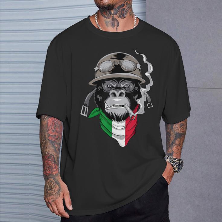 Aviator-Gorilla Grafik-T-Shirt, Italienisches Flaggen-Schal Design, Schwarz Geschenke für Ihn