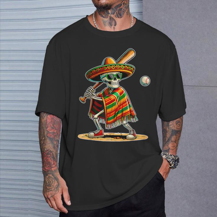 Baseball Skeleton Mexican Sombrero Cinco De Mayo T-Shirt Gifts for Him