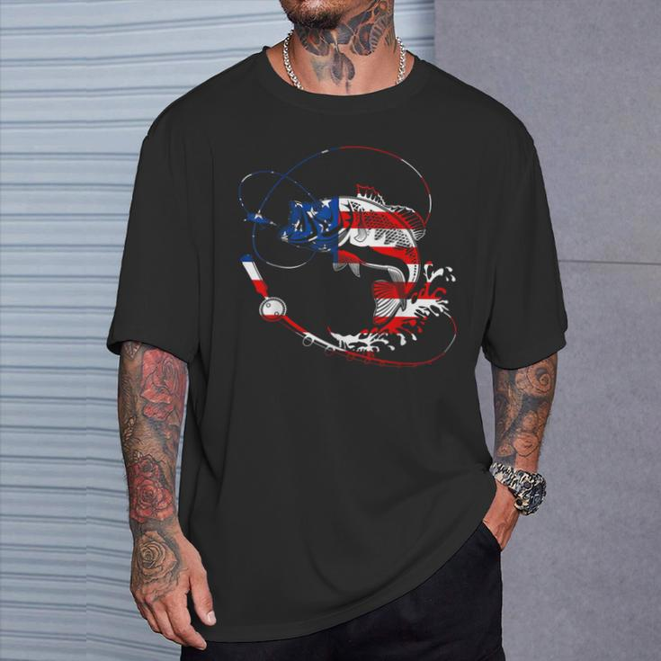 Bass Fishing Fish American Flag Patriotic Fourth Of July T-Shirt Gifts for Him