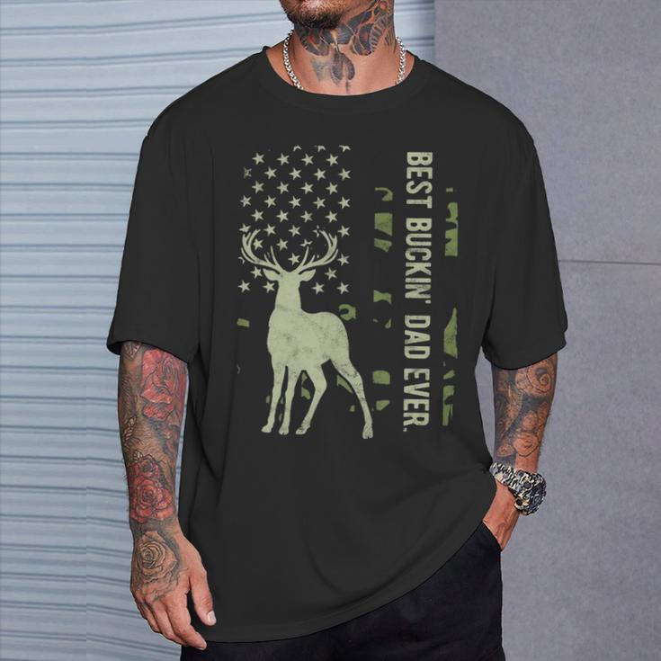 Best Buckin' Dad Camouflage American Flag Deer Hunting T-Shirt Gifts for Him
