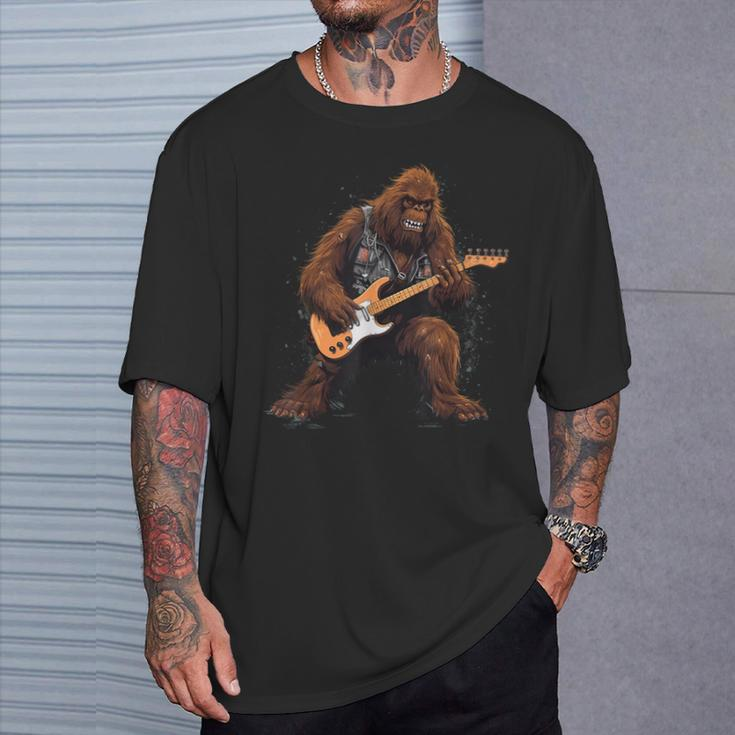 Bigfoot Playing Electric Guitar Rock Music Band Sasquatch T-Shirt Gifts for Him