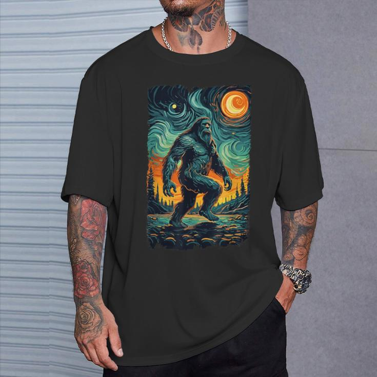 Bigfoot Starry Night Sasquatch Van Gogh Sky Painting T-Shirt Gifts for Him