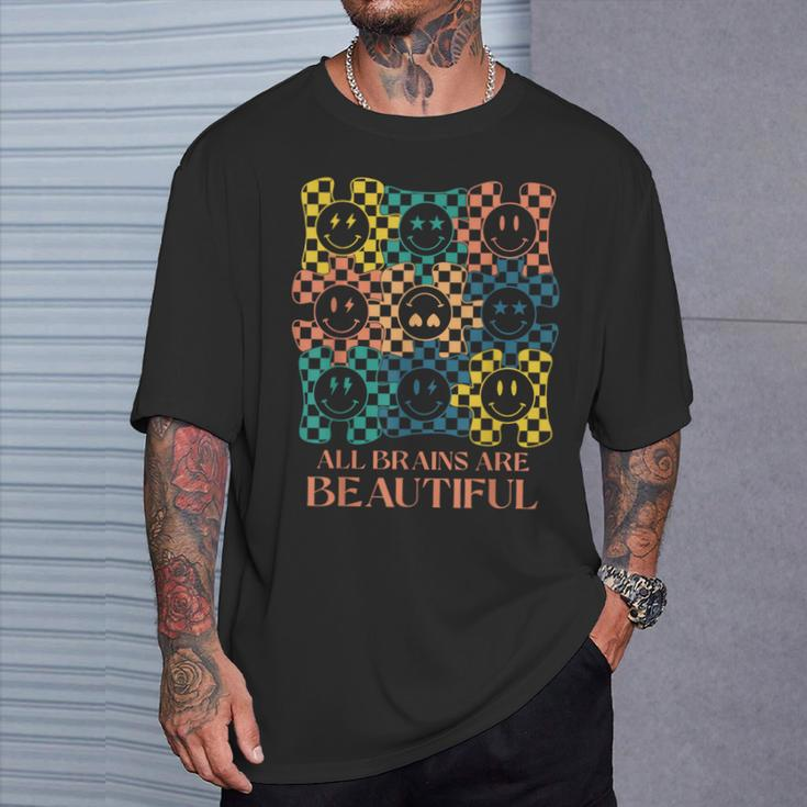 All Brains Are Beautiful Smile Face Autism Awareness Groovy T-Shirt Gifts for Him