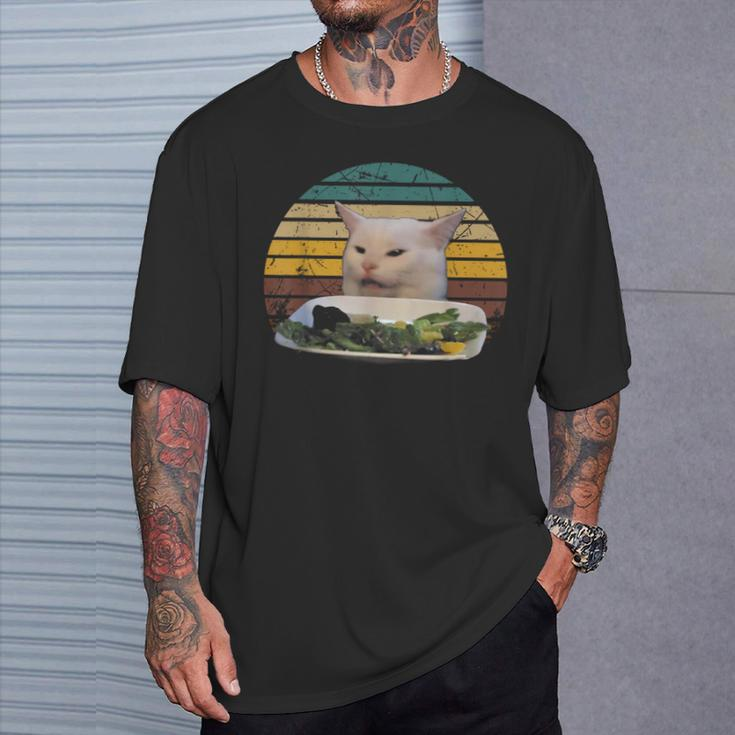 Cat At Dinner Table Animals Outfits Lovely Cat Meme T-Shirt Gifts for Him