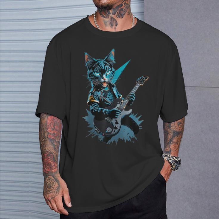 Cat Playing Electric Guitar Heavy Metal Rock Cat Lover T-Shirt Gifts for Him