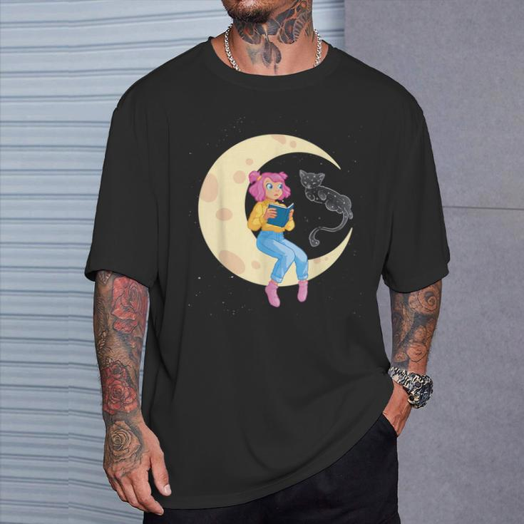 Celestial Cat And Girl Reading Book Read Moon T-Shirt Gifts for Him