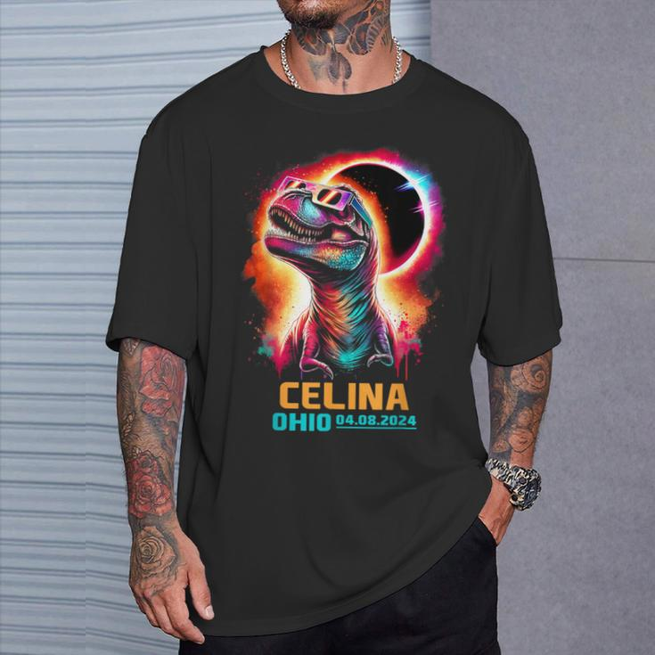 Celina Ohio Total Solar Eclipse 2024Rex Dinosaur Colorful T-Shirt Gifts for Him
