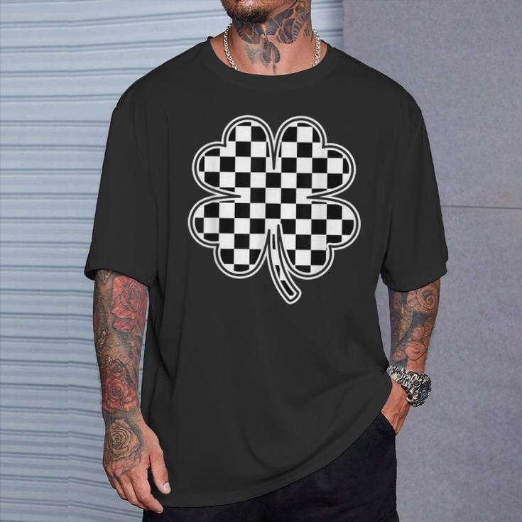 Checkered Four Leaf Clover Race Car Gamer St Patrick's Day T-Shirt Gifts for Him