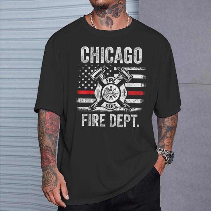 Chicago Illinois Fire Department Thin Red Line Fireman T-Shirt Gifts for Him