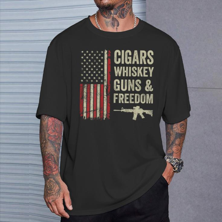 Cigars Whiskey Guns & Freedom Usa Flag 4Th Of July Back T-Shirt Gifts for Him