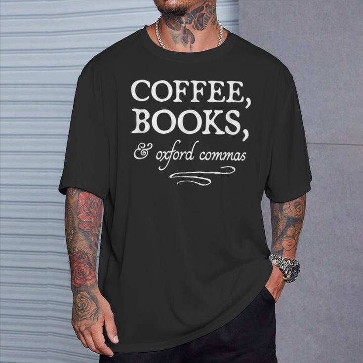 Coffee Books & Oxford Commas Bookworm Grammar Nerd T-Shirt Gifts for Him