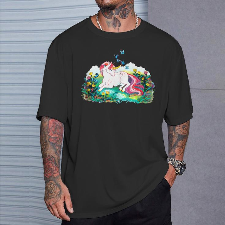 Colorful Unicorn Laying In A Flower Filled Field T-Shirt Gifts for Him