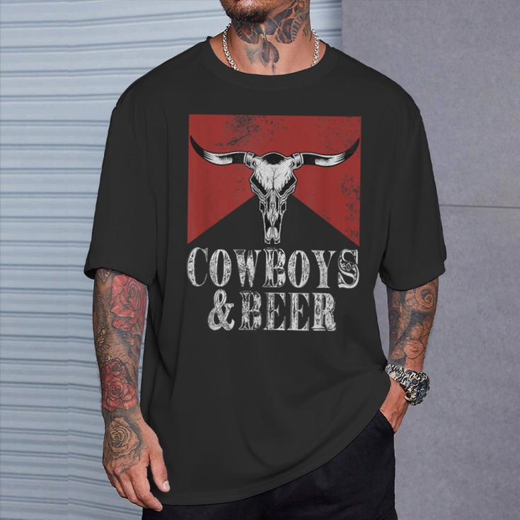 Cowboys & Beer Vintage Rodeo Bull Horn Western Country T-Shirt Gifts for Him