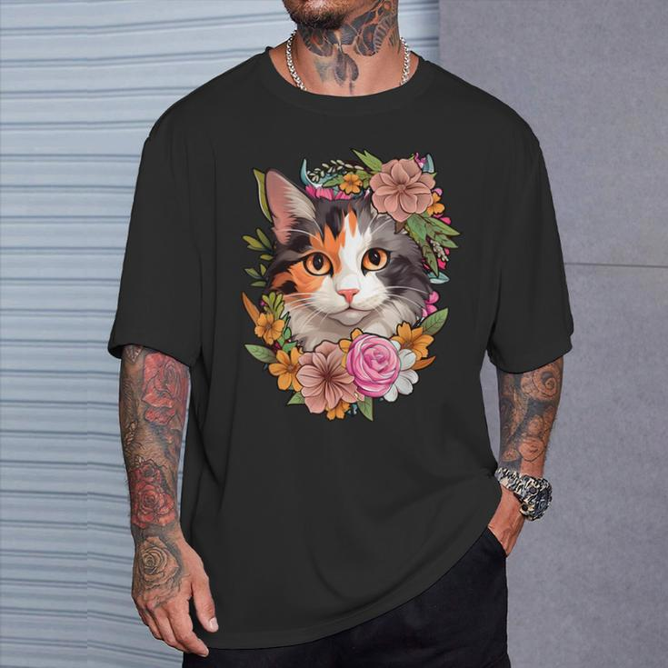 Cute Floral Calico Cat T-Shirt Gifts for Him