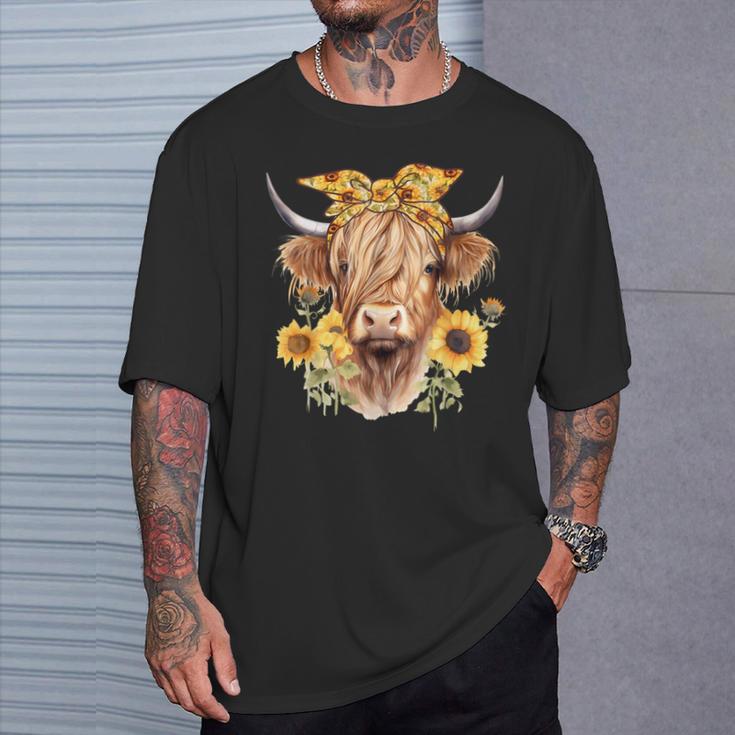 Cute Scottish Highland Cow Wearing Sunflower Bandana Heifer T-Shirt Gifts for Him