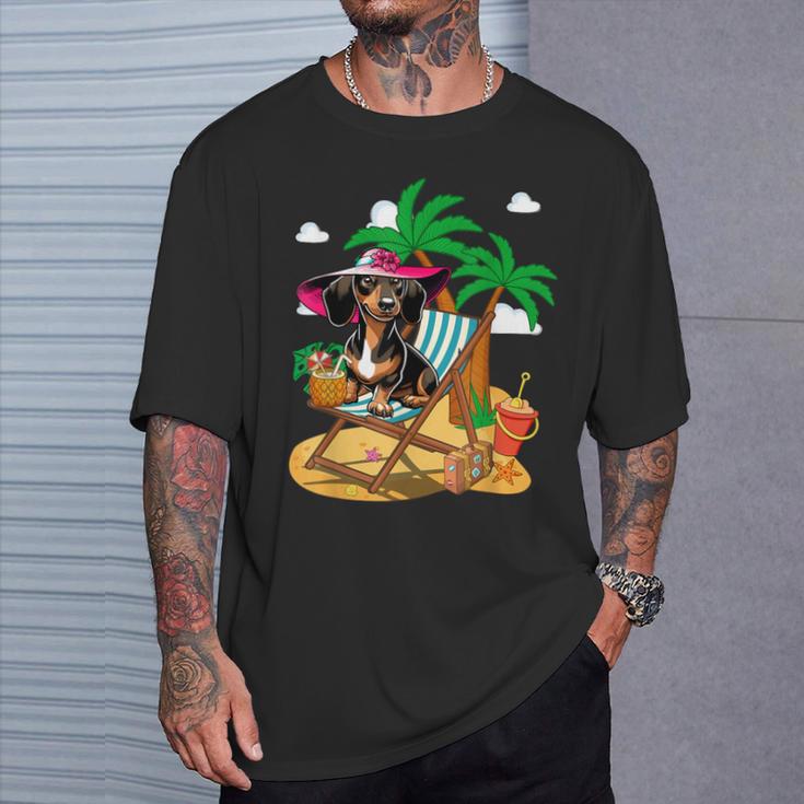 Dackel Am Strand Kostüm Sommer Urlaub Liebhaber Besitzer Kinder T-Shirt Geschenke für Ihn