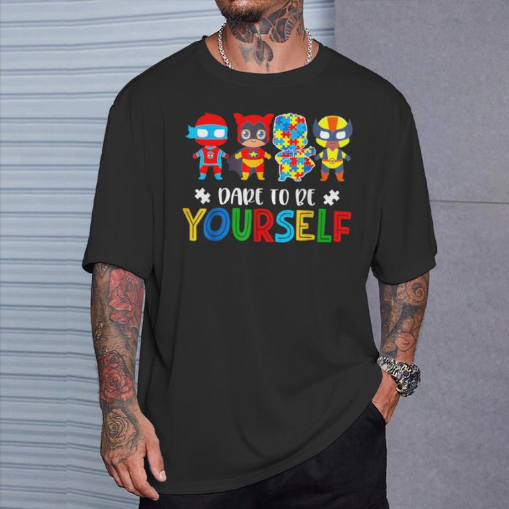 Dare To Be Yourself Autism Awareness Superheroes T-Shirt Gifts for Him