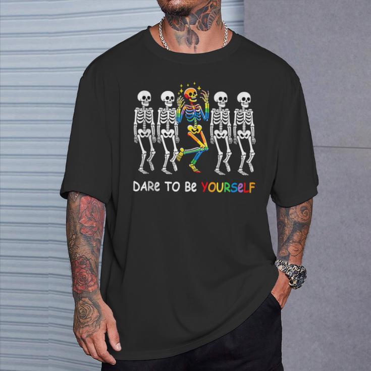 Dare To Be Yourself Rainbow Skeleton Lgbt Pride Month T-Shirt Gifts for Him