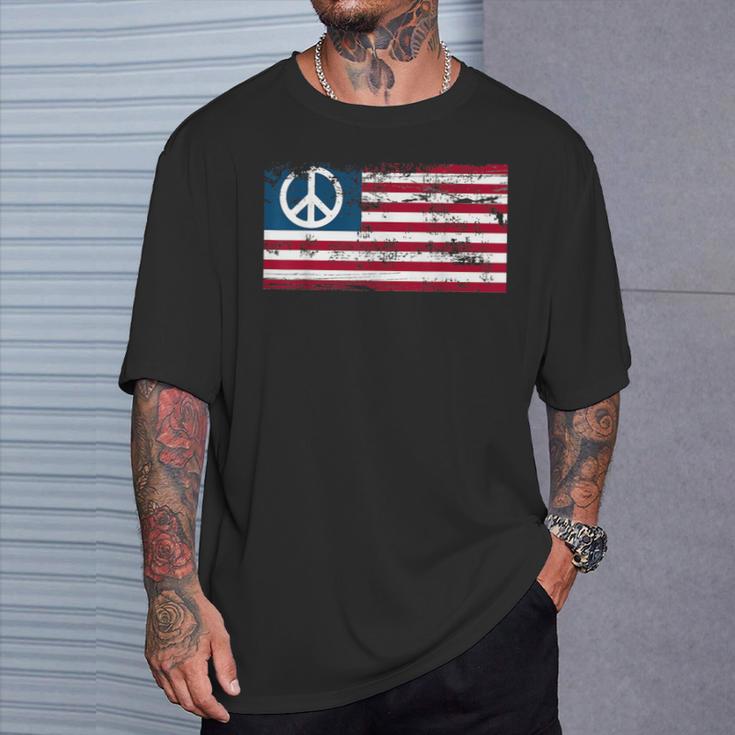 Distressed American Usa Flag With Peace Sign T-Shirt Gifts for Him