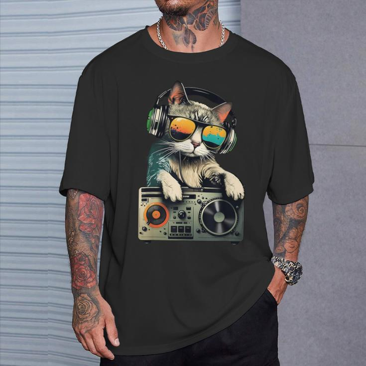 Dj Cat In Sunglasses Cat Dj Cat With Headphones Boombox T-Shirt Gifts for Him