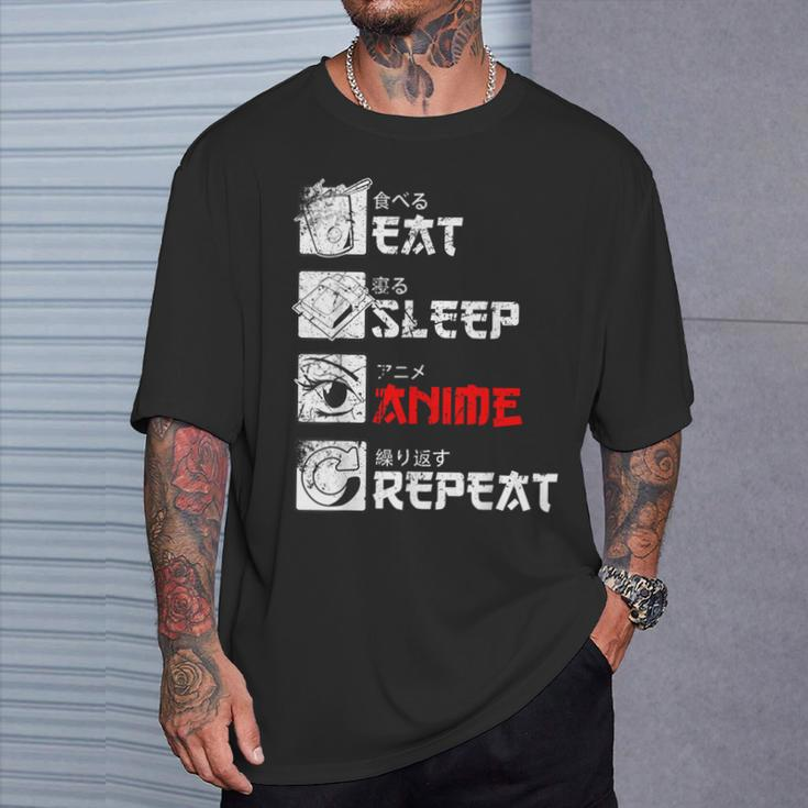 Eat Sleep Anime Repeat Manga Japan Kanji Weeb Vintage Anime T-Shirt Geschenke für Ihn
