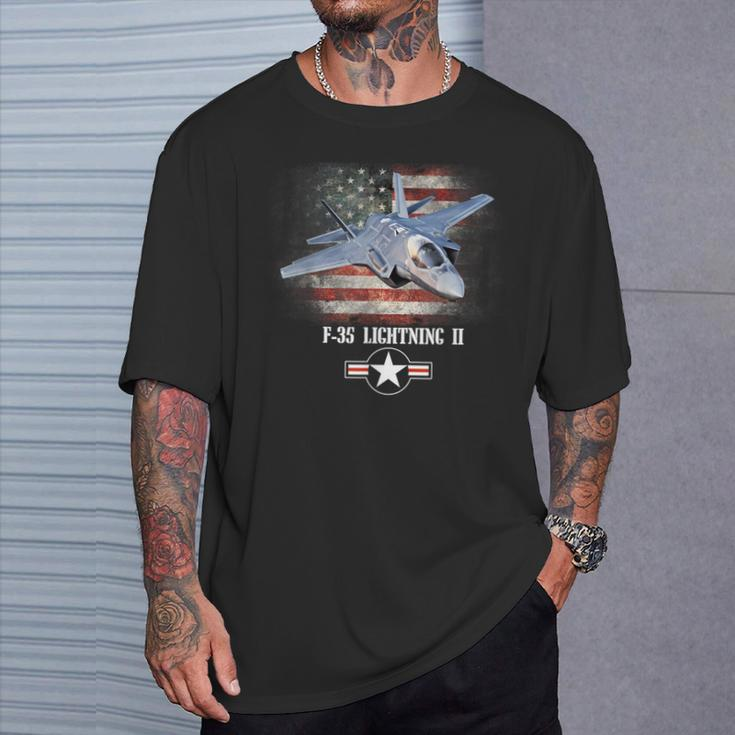 F-35 Lightning 2 Us Flag Proud Air Force Military Veteran T-Shirt Gifts for Him