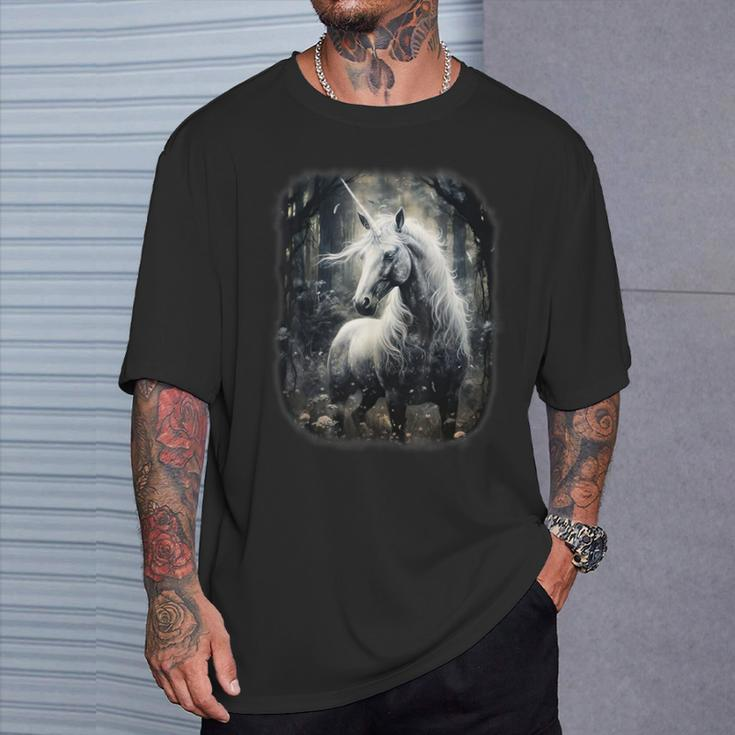Fantasy White Unicorn Standing In A Forest T-Shirt Gifts for Him