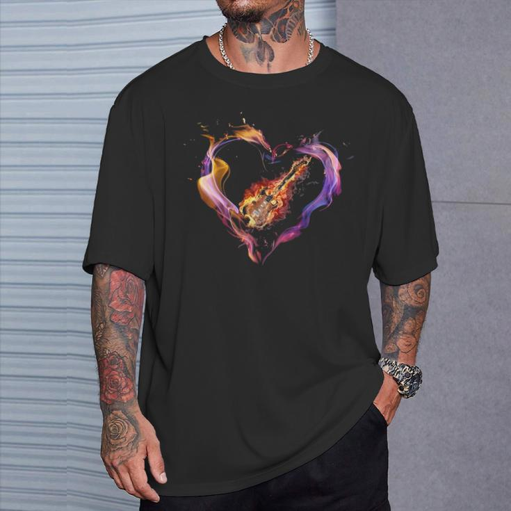 Fire Guitar In Heart T-Shirt Gifts for Him