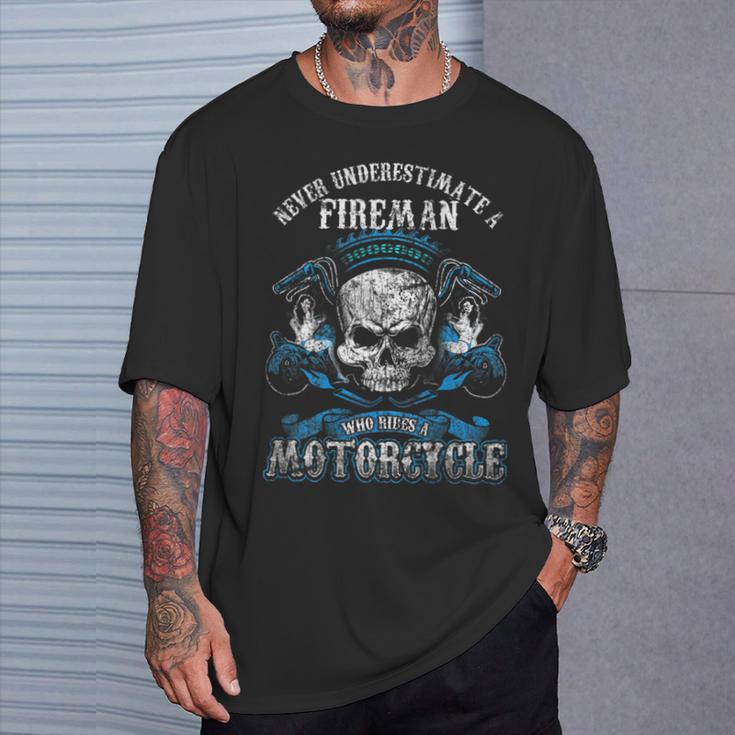 Fireman Biker Skull Never Underestimate Motorcycle T-Shirt Gifts for Him