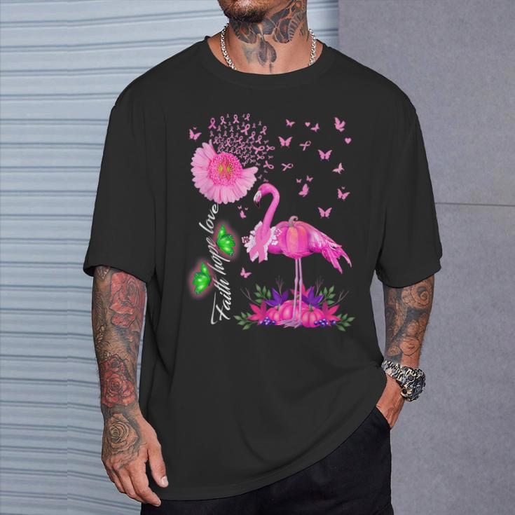 Flamingo Faith Hope Love Pink Pumpkin Ribbon Breast Cancer T-Shirt Gifts for Him