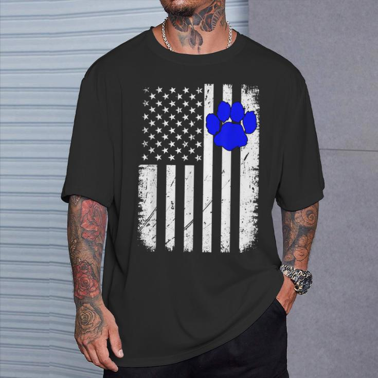 Fun Thin Blue Line Police K9 Dog American Flag T-Shirt Gifts for Him