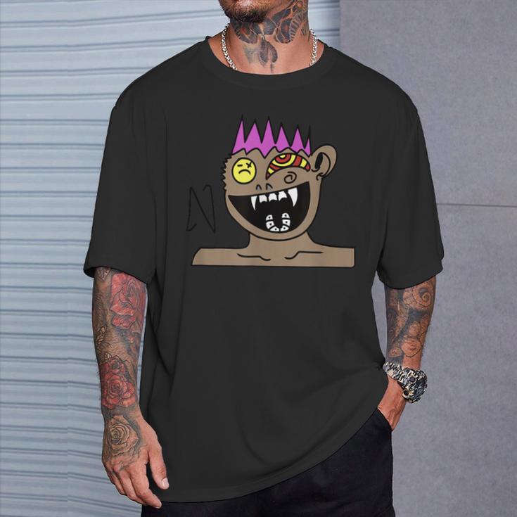 Funky Monster Gesicht T-Shirt Schwarz mit Farbakzenten Geschenke für Ihn