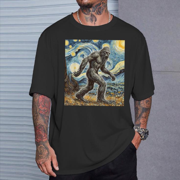 Bigfoot Starry Night Sasquatch Van Gogh Sky Painting T-Shirt Gifts for Him