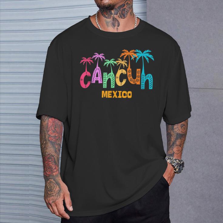 Cancun Mexico Palm Tree Colorful Typography Vacation T-Shirt Gifts for Him