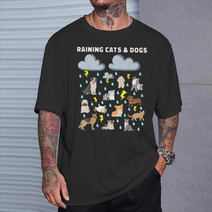 English Idiom Raining Cats And Dogs Puppies Kitten T-Shirt Gifts for Him
