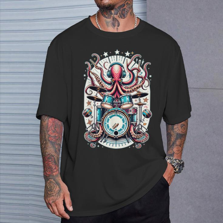 Octopus Playing Drums Drummer Music Lover Percussions T-Shirt Gifts for Him