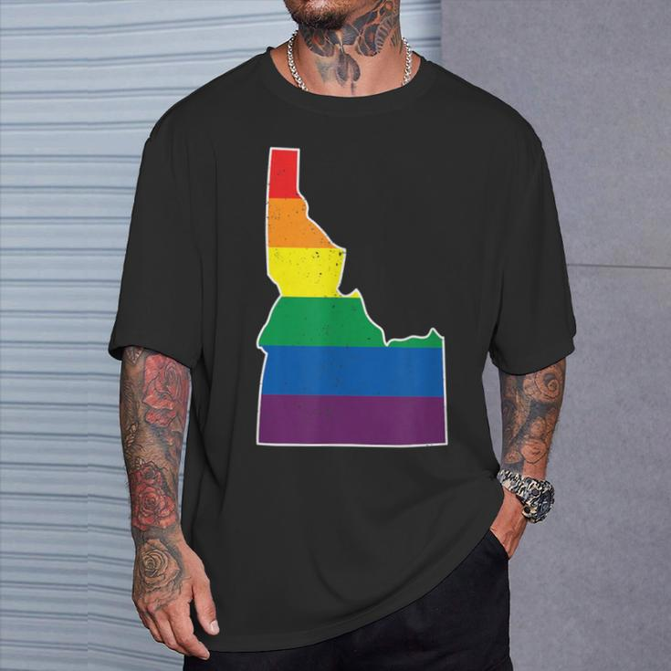Gay Pride Flag Idaho State Map Rainbow Stripes T-Shirt Gifts for Him